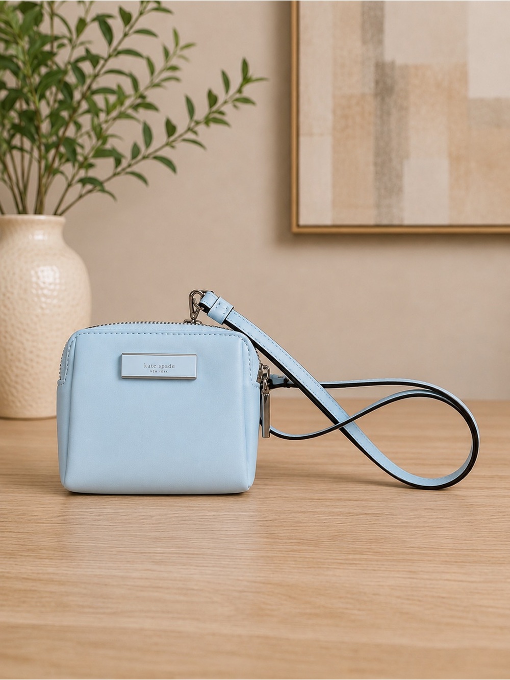 kate spade Baby Blue Leather and Nylon Wristlet with Removable Strap